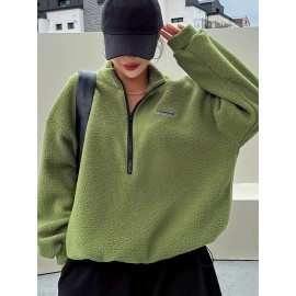 Solid Zip Front Plush Pullover Sweatshirt, Casual Long Sleeve Sweatshirt, Women's Clothing Solid Zip Front Plush Pullover Sweatshirt, Casual Long Sleeve Sweatshirt, Women's Clothing