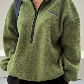 Solid Zip Front Plush Pullover Sweatshirt, Casual Long Sleeve Sweatshirt, Women's Clothing Solid Zip Front Plush Pullover Sweatshirt, Casual Long Sleeve Sweatshirt, Women's Clothing