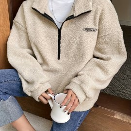 Solid Zip Front Plush Pullover Sweatshirt, Casual Long Sleeve Sweatshirt, Women's Clothing Solid Zip Front Plush Pullover Sweatshirt, Casual Long Sleeve Sweatshirt, Women's Clothing