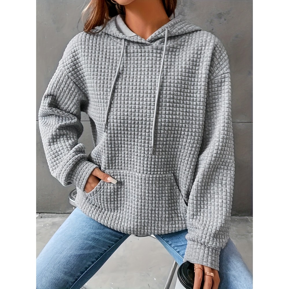 Waffle Grid Kangaroo Pocket Hoodie, Casual Long Sleeve Drawstring Hoodies Sweatshirt, Women's Clothing Waffle Grid Kangaroo Pocket Hoodie, Casual Long Sleeve Drawstring Hoodies Sweatshirt, Women's Clothing