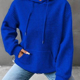 Waffle Grid Kangaroo Pocket Hoodie, Casual Long Sleeve Drawstring Hoodies Sweatshirt, Women's Clothing Waffle Grid Kangaroo Pocket Hoodie, Casual Long Sleeve Drawstring Hoodies Sweatshirt, Women's Clothing