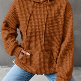 Waffle Grid Kangaroo Pocket Hoodie, Casual Long Sleeve Drawstring Hoodies Sweatshirt, Women's Clothing Waffle Grid Kangaroo Pocket Hoodie, Casual Long Sleeve Drawstring Hoodies Sweatshirt, Women's Clothing