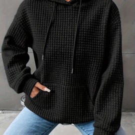Waffle Grid Kangaroo Pocket Hoodie, Casual Long Sleeve Drawstring Hoodies Sweatshirt, Women's Clothing Waffle Grid Kangaroo Pocket Hoodie, Casual Long Sleeve Drawstring Hoodies Sweatshirt, Women's Clothing