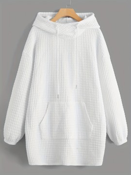 Waffle Grid Kangaroo Pocket Hoodie, Casual Long Sleeve Drawstring Hoodie Sweatshirt, Women's Clothing