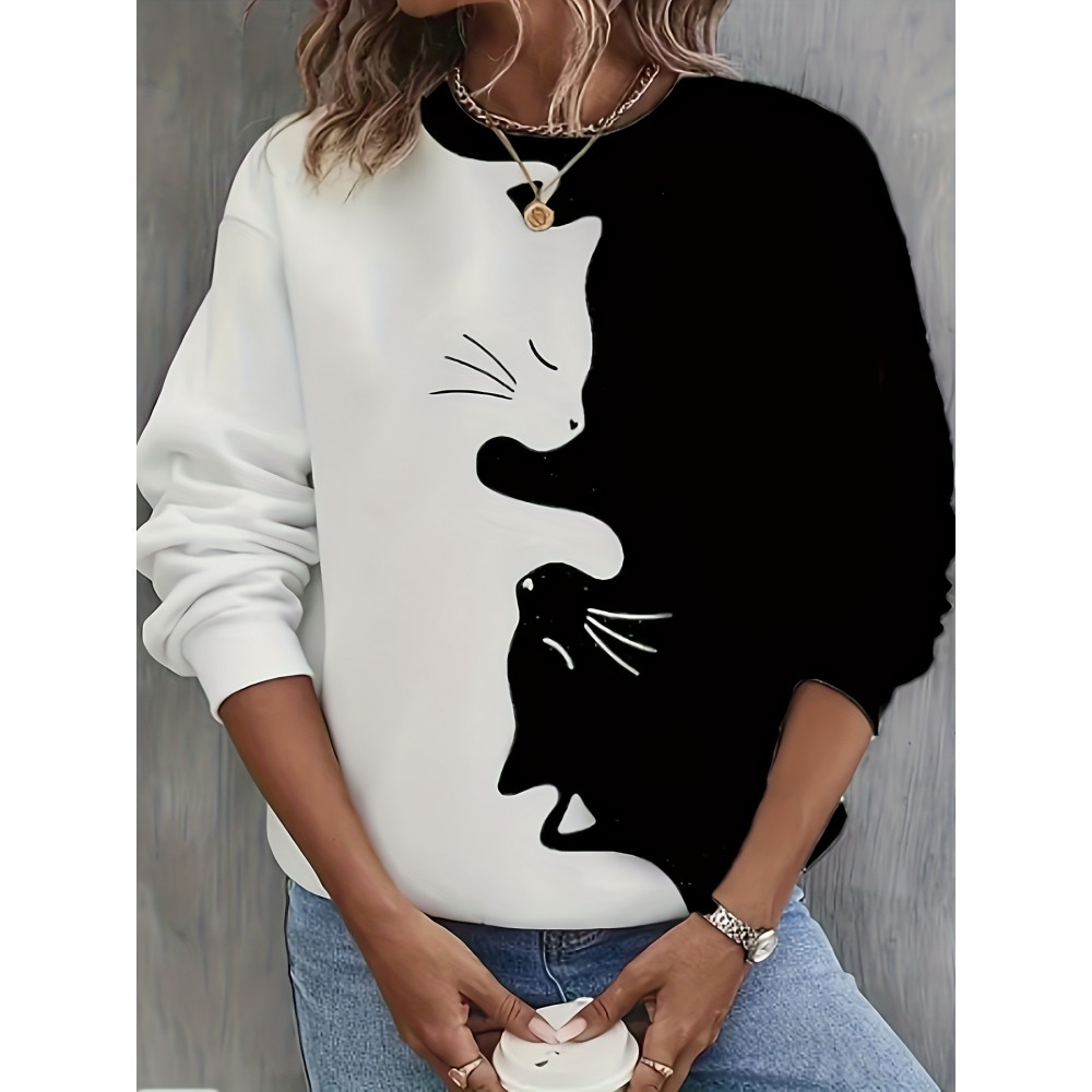 Cute Cat Print Crew Neck Sweatshirt, Casual Long Sleeve Loose Sweatshirt, Women's Clothing Cute Cat Print Crew Neck Sweatshirt, Casual Long Sleeve Loose Sweatshirt, Women's Clothing