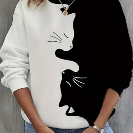 Cute Cat Print Crew Neck Sweatshirt, Casual Long Sleeve Loose Sweatshirt, Women's Clothing Cute Cat Print Crew Neck Sweatshirt, Casual Long Sleeve Loose Sweatshirt, Women's Clothing