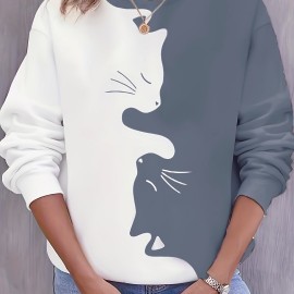 Cute Cat Print Crew Neck Sweatshirt, Casual Long Sleeve Loose Sweatshirt, Women's Clothing Cute Cat Print Crew Neck Sweatshirt, Casual Long Sleeve Loose Sweatshirt, Women's Clothing