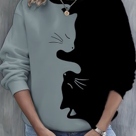 Cute Cat Print Crew Neck Sweatshirt, Casual Long Sleeve Loose Sweatshirt, Women's Clothing Cute Cat Print Crew Neck Sweatshirt, Casual Long Sleeve Loose Sweatshirt, Women's Clothing