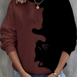 Cute Cat Print Crew Neck Sweatshirt, Casual Long Sleeve Loose Sweatshirt, Women's Clothing Cute Cat Print Crew Neck Sweatshirt, Casual Long Sleeve Loose Sweatshirt, Women's Clothing