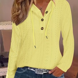 Solid Color Button Eyelet Hoodie, Casual Long Sleeve Drawstring Hoodie Sweatshirt, Women's Clothing Solid Color Button Eyelet Hoodie, Casual Long Sleeve Drawstring Hoodie Sweatshirt, Women's Clothing