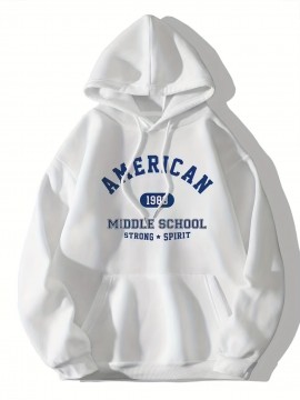 Letter & Number Print Kangaroo Pocket Hoodie, Casual Long Sleeve Drawstring Hoodies Sweatshirt, Women's Clothing