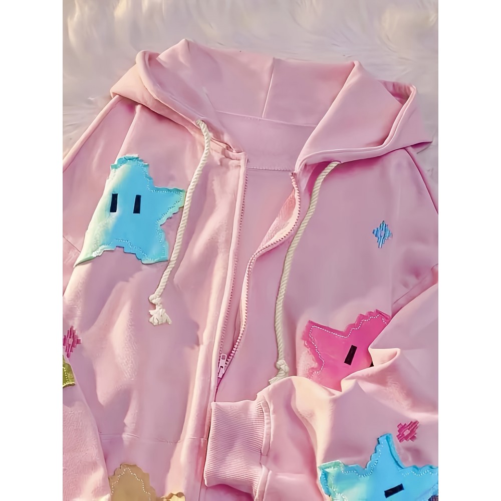 Star Pattern Zip Up Drawstring Hoodie, Cute Long Sleeve Drop Shoulder Hoodie, Women's Clothing Star Pattern Zip Up Drawstring Hoodie, Cute Long Sleeve Drop Shoulder Hoodie, Women's Clothing