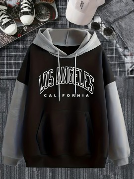 Color Block Letter Print Hoodies, Casual Drawstring Long Sleeve Sweatshirt, Women's Clothing
