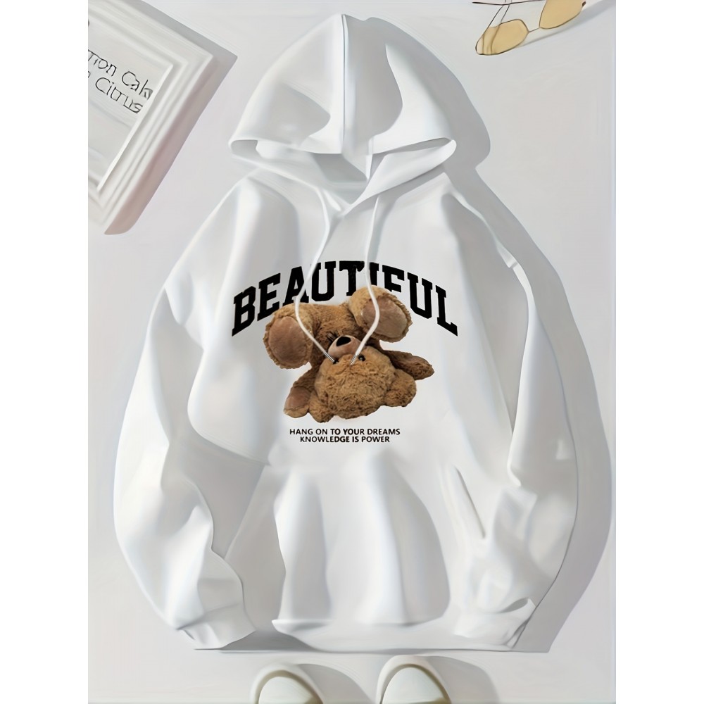 Bear Print Kangaroo Pocket Hoodie, Casual Long Sleeve Drawstring Hoodies Sweatshirt, Women's Clothing Bear Print Kangaroo Pocket Hoodie, Casual Long Sleeve Drawstring Hoodies Sweatshirt, Women's Clothing