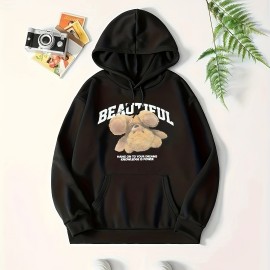 Bear Print Kangaroo Pocket Hoodie, Casual Long Sleeve Drawstring Hoodies Sweatshirt, Women's Clothing Bear Print Kangaroo Pocket Hoodie, Casual Long Sleeve Drawstring Hoodies Sweatshirt, Women's Clothing