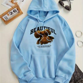 Bear Print Kangaroo Pocket Hoodie, Casual Long Sleeve Drawstring Hoodies Sweatshirt, Women's Clothing Bear Print Kangaroo Pocket Hoodie, Casual Long Sleeve Drawstring Hoodies Sweatshirt, Women's Clothing