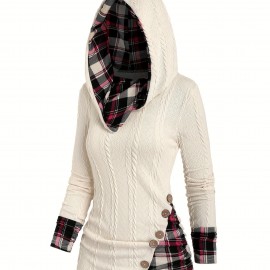 Plaid Splicing Button Decor Cable Hoodie, Casual Long Sleeve Hoodie, Women's Clothing Plaid Splicing Button Decor Cable Hoodie, Casual Long Sleeve Hoodie, Women's Clothing