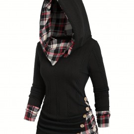 Plaid Splicing Button Decor Cable Hoodie, Casual Long Sleeve Hoodie, Women's Clothing Plaid Splicing Button Decor Cable Hoodie, Casual Long Sleeve Hoodie, Women's Clothing
