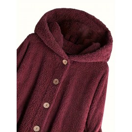Button Front Teddy Bear Hoodie, Casual Long Sleeve Slant Pockets Plush Coat, Women's Clothing Button Front Teddy Bear Hoodie, Casual Long Sleeve Slant Pockets Plush Coat, Women's Clothing