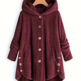 Button Front Teddy Bear Hoodie, Casual Long Sleeve Slant Pockets Plush Coat, Women's Clothing Button Front Teddy Bear Hoodie, Casual Long Sleeve Slant Pockets Plush Coat, Women's Clothing