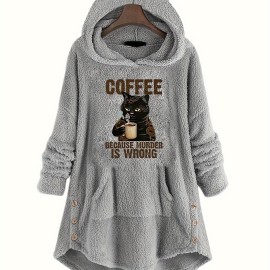 Cat & Letter Print Teddy Hoodie, Casual Long Sleeve Kangaroo Pocket Hoodie Sweatshirt, Women's Clothing Cat & Letter Print Teddy Hoodie, Casual Long Sleeve Kangaroo Pocket Hoodie Sweatshirt, Women's Clothing