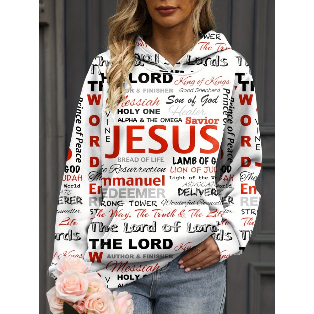 Jesus Letter Print Hoodies, Casual Kangaroo Pocket Long Sleeve Sweatshirt, Women's Clothing Jesus Letter Print Hoodies, Casual Kangaroo Pocket Long Sleeve Sweatshirt, Women's Clothing