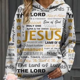 Jesus Letter Print Hoodies, Casual Kangaroo Pocket Long Sleeve Sweatshirt, Women's Clothing Jesus Letter Print Hoodies, Casual Kangaroo Pocket Long Sleeve Sweatshirt, Women's Clothing