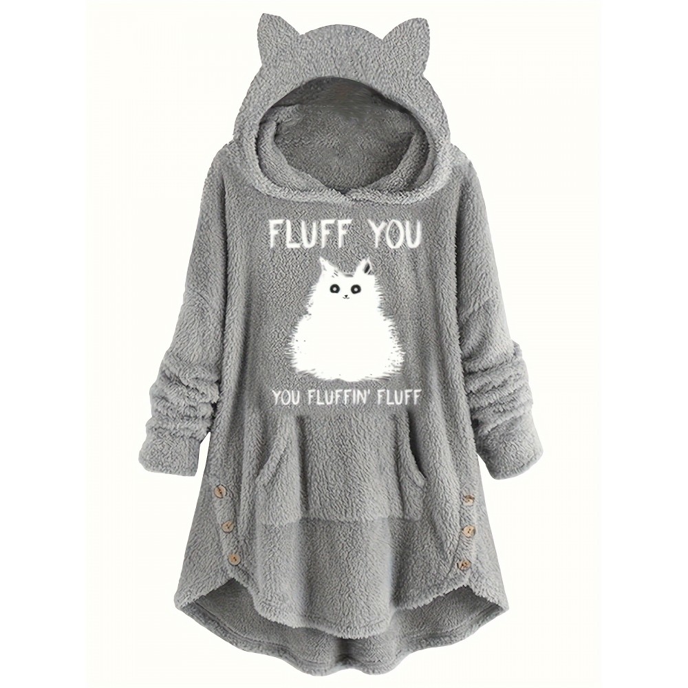 Cat & Letter Print Button Decor Teddy Hoodie, Casual Long Sleeve Kangaroo Pocket Hoodie Sweatshirt, Women's Clothing Cat & Letter Print Button Decor Teddy Hoodie, Casual Long Sleeve Kangaroo Pocket Hoodie Sweatshirt, Women's Clothing