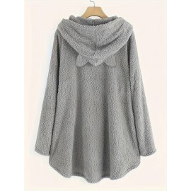 Cat & Letter Print Button Decor Teddy Hoodie, Casual Long Sleeve Kangaroo Pocket Hoodie Sweatshirt, Women's Clothing Cat & Letter Print Button Decor Teddy Hoodie, Casual Long Sleeve Kangaroo Pocket Hoodie Sweatshirt, Women's Clothing