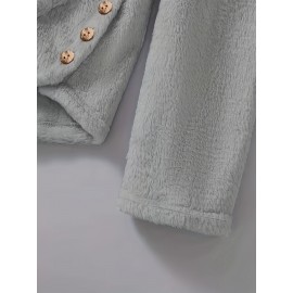 Cat & Letter Print Button Decor Teddy Hoodie, Casual Long Sleeve Kangaroo Pocket Hoodie Sweatshirt, Women's Clothing Cat & Letter Print Button Decor Teddy Hoodie, Casual Long Sleeve Kangaroo Pocket Hoodie Sweatshirt, Women's Clothing