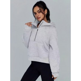 Solid Half Zip Kangaroo Pockets Hoodie, Casual Long Sleeve Hoodie For Spring & Fall, Women's Clothing Solid Half Zip Kangaroo Pockets Hoodie, Casual Long Sleeve Hoodie For Spring & Fall, Women's Clothing