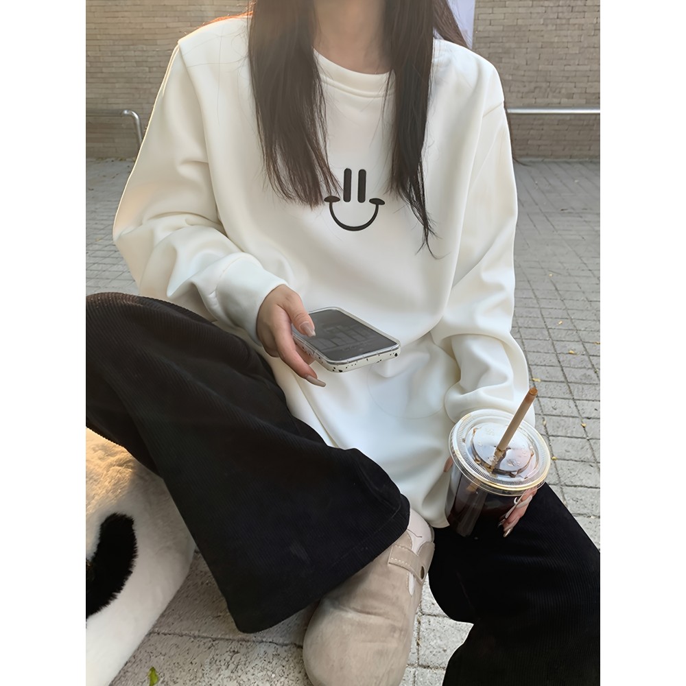 Smile Face Print Pullover Sweatshirt, Casual Long Sleeve Crew Neck Sweatshirt For Fall & Winter, Women's Clothing Smile Face Print Pullover Sweatshirt, Casual Long Sleeve Crew Neck Sweatshirt For Fall & Winter, Women's Clothing