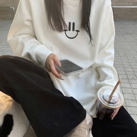 Smile Face Print Pullover Sweatshirt, Casual Long Sleeve Crew Neck Sweatshirt For Fall & Winter, Women's Clothing Smile Face Print Pullover Sweatshirt, Casual Long Sleeve Crew Neck Sweatshirt For Fall & Winter, Women's Clothing