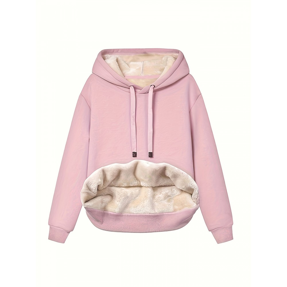 Solid Fleece Drawstring Hoodie, Casual Long Sleeve Warm Sweatshirt For Fall & Winter, Women's Clothing Solid Fleece Drawstring Hoodie, Casual Long Sleeve Warm Sweatshirt For Fall & Winter, Women's Clothing
