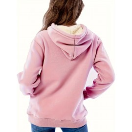 Solid Fleece Drawstring Hoodie, Casual Long Sleeve Warm Sweatshirt For Fall & Winter, Women's Clothing Solid Fleece Drawstring Hoodie, Casual Long Sleeve Warm Sweatshirt For Fall & Winter, Women's Clothing