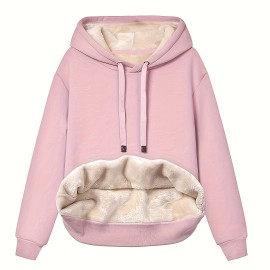 Solid Fleece Drawstring Hoodie, Casual Long Sleeve Warm Sweatshirt For Fall & Winter, Women's Clothing Solid Fleece Drawstring Hoodie, Casual Long Sleeve Warm Sweatshirt For Fall & Winter, Women's Clothing