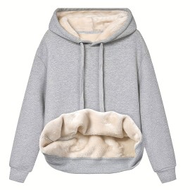 Solid Fleece Drawstring Hoodie, Casual Long Sleeve Warm Sweatshirt For Fall & Winter, Women's Clothing Solid Fleece Drawstring Hoodie, Casual Long Sleeve Warm Sweatshirt For Fall & Winter, Women's Clothing