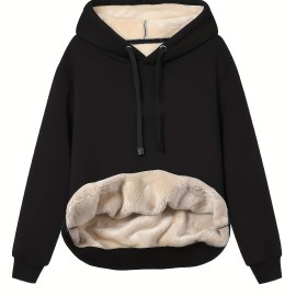 Solid Fleece Drawstring Hoodie, Casual Long Sleeve Warm Sweatshirt For Fall & Winter, Women's Clothing Solid Fleece Drawstring Hoodie, Casual Long Sleeve Warm Sweatshirt For Fall & Winter, Women's Clothing