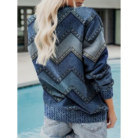 Denim Print Pullover Sweatshirt, Casual Long Sleeve Crew Neck Sweatshirt For Fall & Winter, Women's Clothing Denim Print Pullover Sweatshirt, Casual Long Sleeve Crew Neck Sweatshirt For Fall & Winter, Women's Clothing