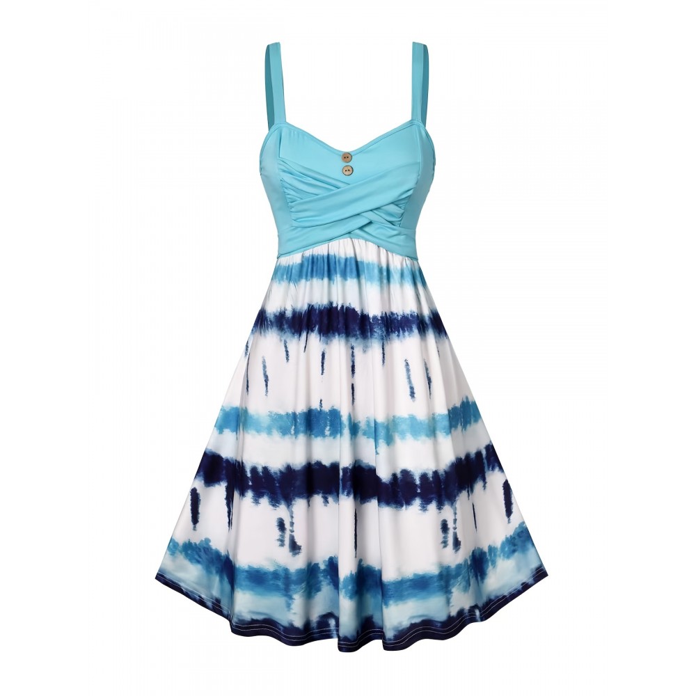 Tie Dye Criss Cross Dress, Casual Sleeveless Ruffle Dress, Women's Clothing Tie Dye Criss Cross Dress, Casual Sleeveless Ruffle Dress, Women's Clothing