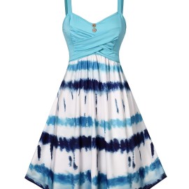 Tie Dye Criss Cross Dress, Casual Sleeveless Ruffle Dress, Women's Clothing Tie Dye Criss Cross Dress, Casual Sleeveless Ruffle Dress, Women's Clothing