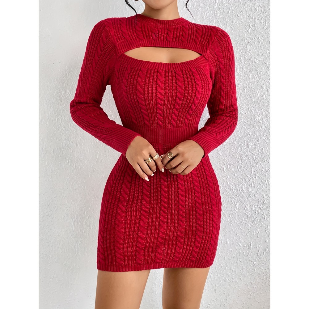 Cut Out Cable Knit Sweater Dress, Sexy Long Sleeve Bodycon Dress, Women's Clothing Cut Out Cable Knit Sweater Dress, Sexy Long Sleeve Bodycon Dress, Women's Clothing