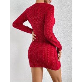 Cut Out Cable Knit Sweater Dress, Sexy Long Sleeve Bodycon Dress, Women's Clothing Cut Out Cable Knit Sweater Dress, Sexy Long Sleeve Bodycon Dress, Women's Clothing