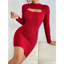 Cut Out Cable Knit Sweater Dress, Sexy Long Sleeve Bodycon Dress, Women's Clothing Cut Out Cable Knit Sweater Dress, Sexy Long Sleeve Bodycon Dress, Women's Clothing