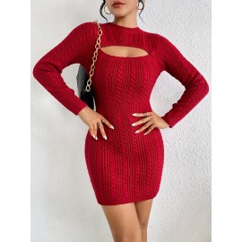 Cut Out Cable Knit Sweater Dress, Sexy Long Sleeve Bodycon Dress, Women's Clothing Cut Out Cable Knit Sweater Dress, Sexy Long Sleeve Bodycon Dress, Women's Clothing