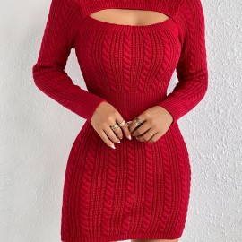 Cut Out Cable Knit Sweater Dress, Sexy Long Sleeve Bodycon Dress, Women's Clothing Cut Out Cable Knit Sweater Dress, Sexy Long Sleeve Bodycon Dress, Women's Clothing
