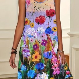 Summer Sleeveless Dress, Random Print Casual Dress, Women's Clothing Summer Sleeveless Dress, Random Print Casual Dress, Women's Clothing