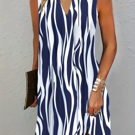 Abstract Ripple Print Dress, Casual V Neck Sleeveless Dress, Women's Clothing Abstract Ripple Print Dress, Casual V Neck Sleeveless Dress, Women's Clothing