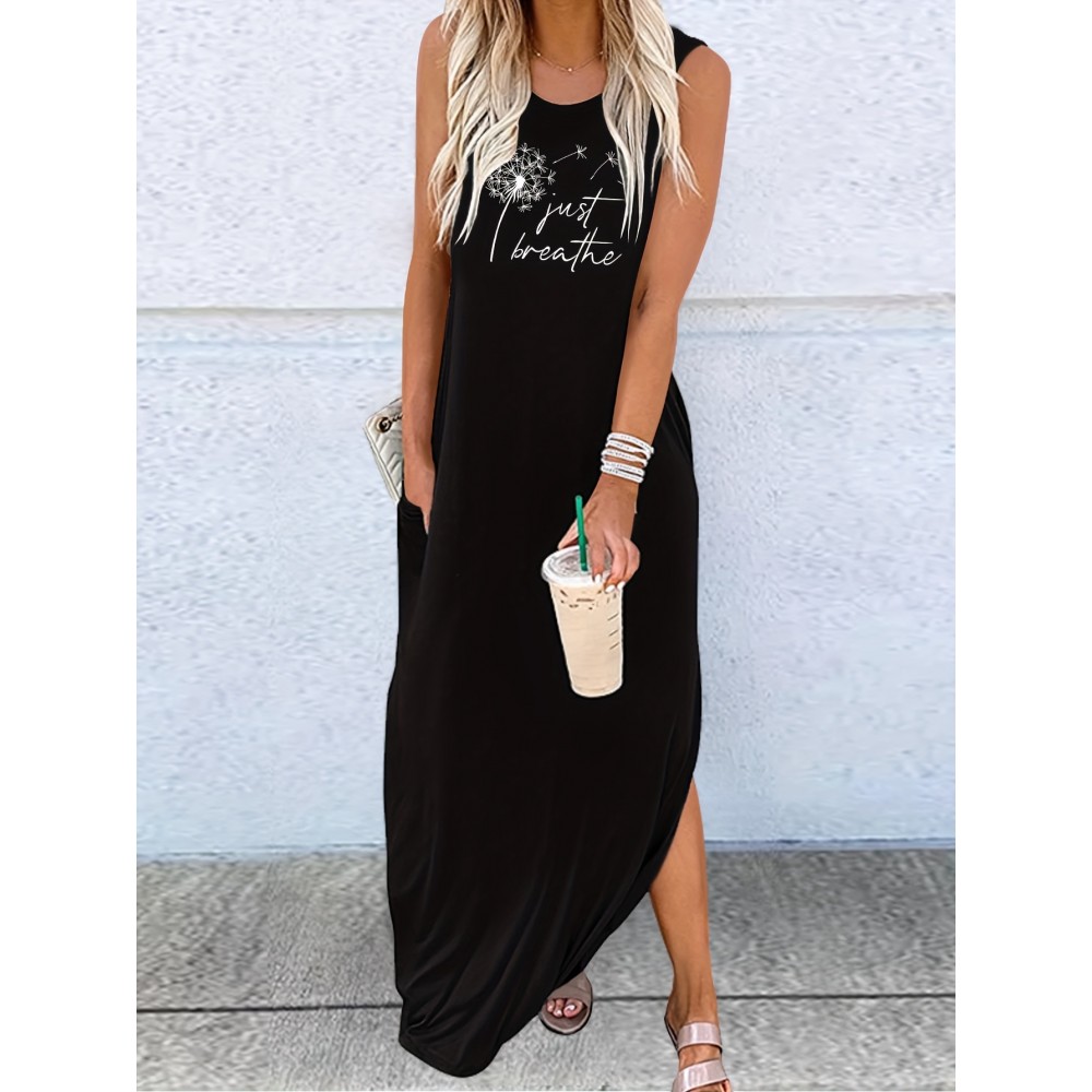 Dandelion Print Sleeveless Dress, Casual Tank Dress For Spring & Summer, Women's Clothing Dandelion Print Sleeveless Dress, Casual Tank Dress For Spring & Summer, Women's Clothing