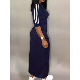 Striped Print Maxi Dress, Casual Crew Neck Dress For Spring & Summer, Women's Clothing Striped Print Maxi Dress, Casual Crew Neck Dress For Spring & Summer, Women's Clothing